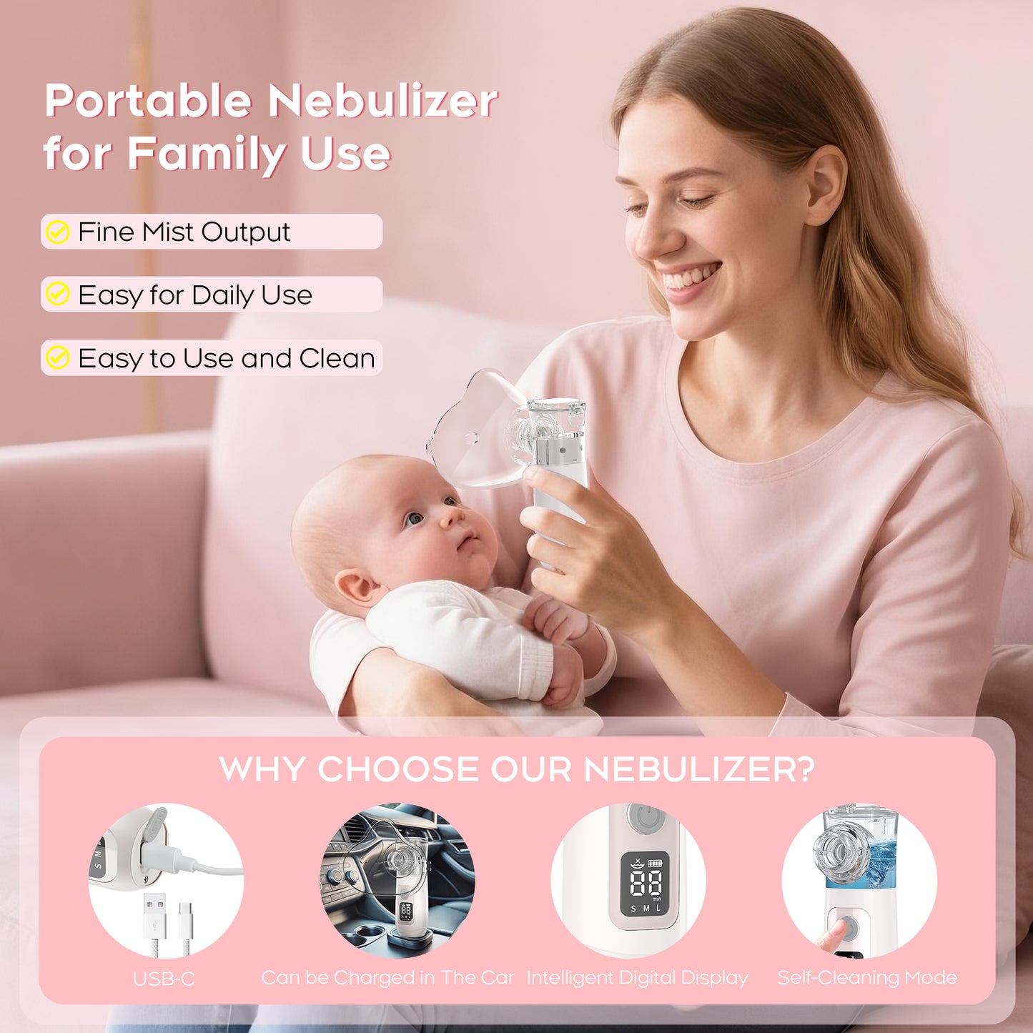 HERTURTI Smart Digital Display Portable Nebulizer for Adults and Kids, MISTY NEBULIZER with Mouthpiece and Mask - Rechargeable Nebulizer for Travel and Home Use, Take-Along Nebulizer for Kids
